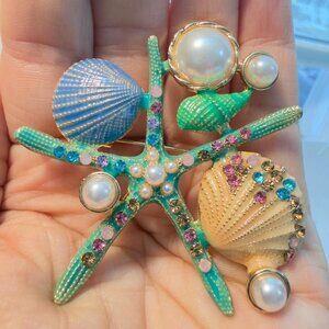 Monet Starfish Brooch Pendant Seashell Faux Pearl Rhinestone Pin 2.5"